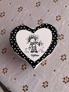 Heart-Shaped Black & White Trinket Box - 'Mother' Illustration